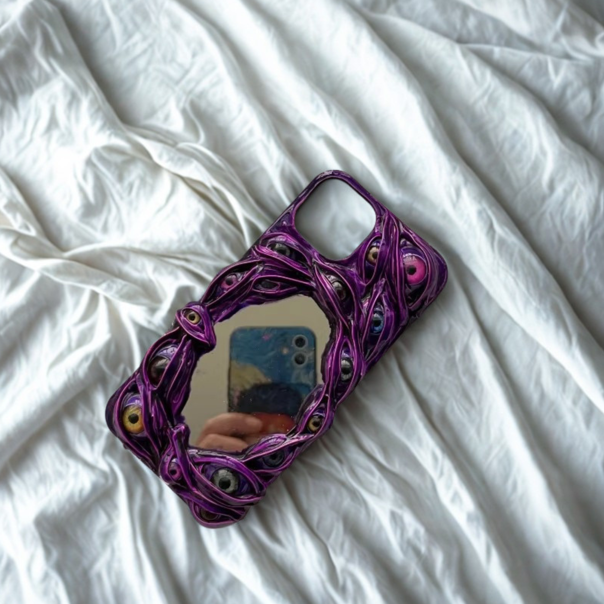 Gothic 3D Paranoid Eyes With Mirror — Handmade Dark Purple Polymer Clay iPhone Case
